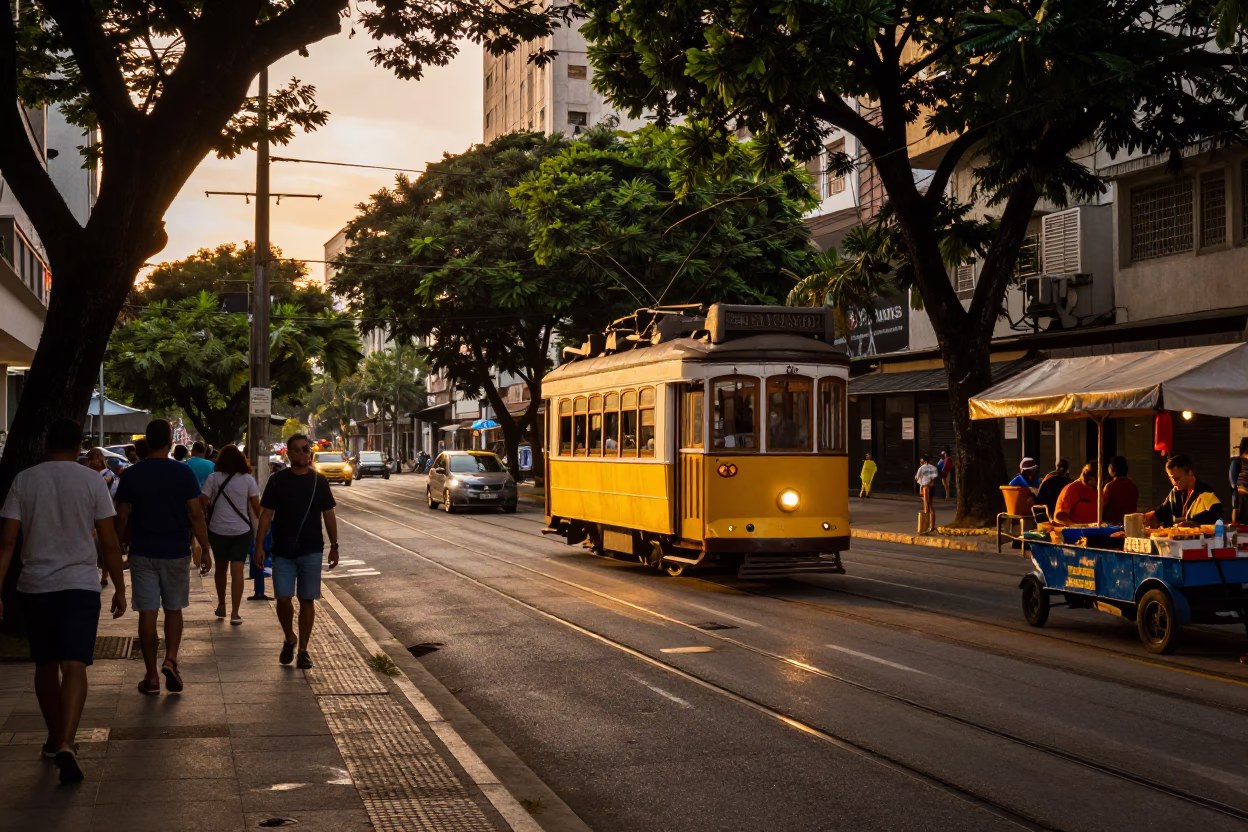Rio de Janeiro Evening Street Scene with Tram and Local Vendors in in Rio de Janeiro, Brazil
