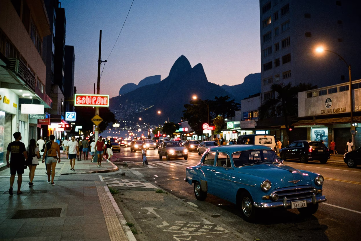 Rio de Janeiro Evening Street Scene with Vibrant Neon Signs and Cobblestone Sidewalks in in Rio de Janeiro, Brazil