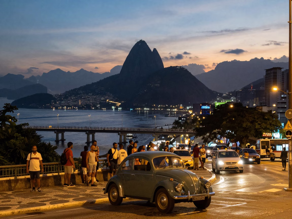 Rio de Janeiro Evening Street Scene with Vintage Car and Bridge Maintenance Cage in in Rio de Janeiro, Brazil