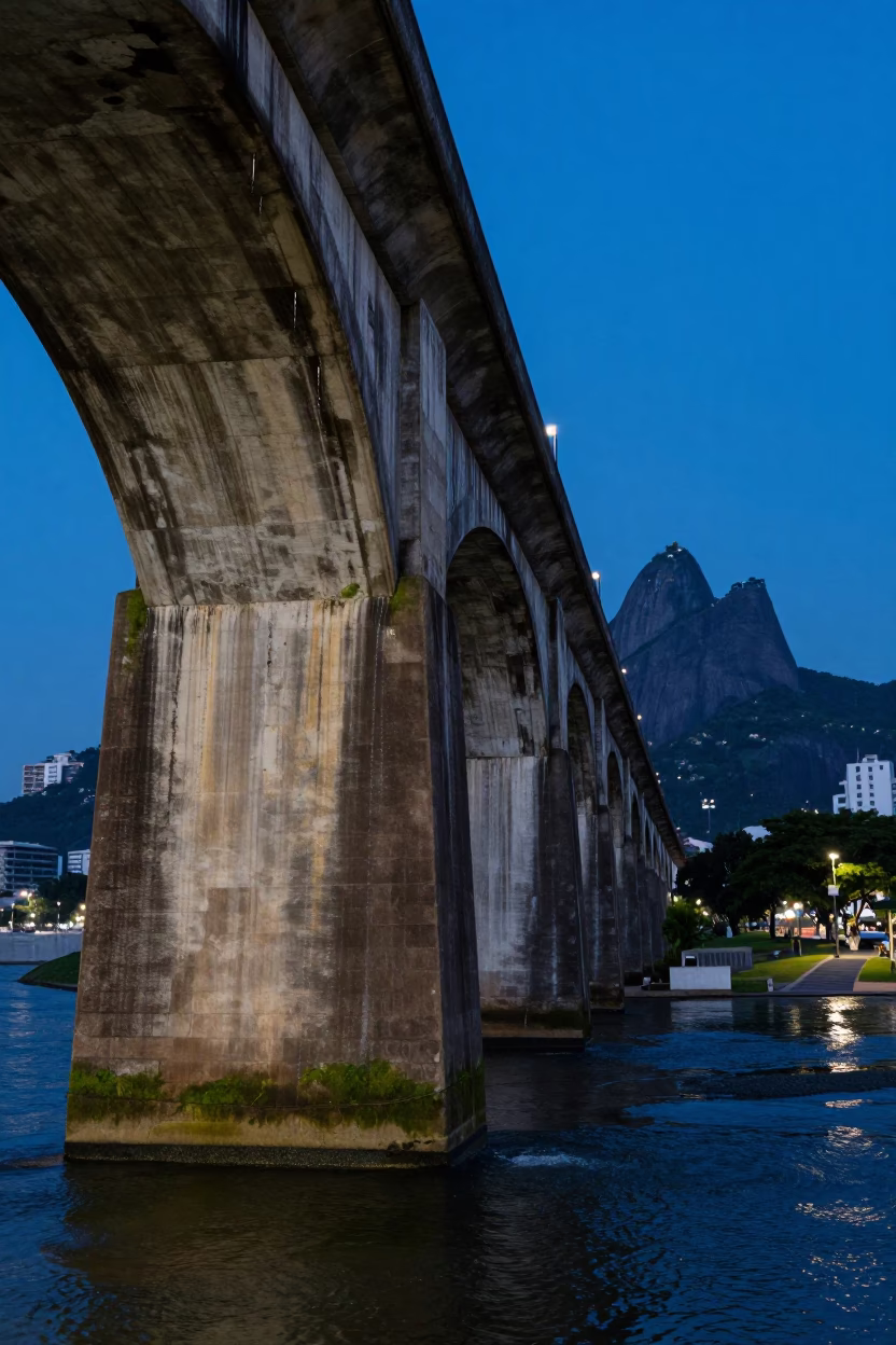 Rio de Janeiro Evening Viaduct Arch Undercroft Dripping onto Ferny Stone in in Rio de Janeiro, Brazil