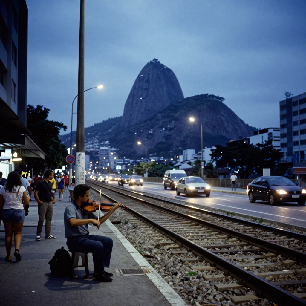 Rio de Janeiro Evening Viaduct Street Scene with Violinist and Railway Arches in in Rio de Janeiro, Brazil