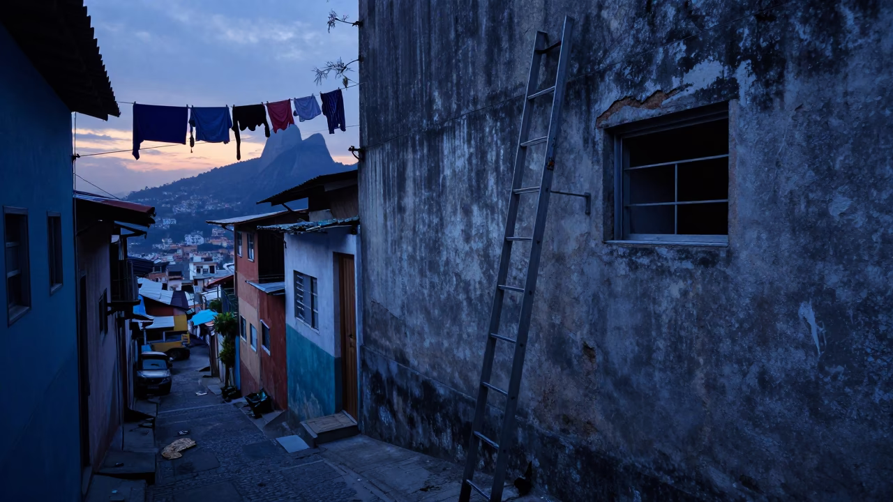 Rio de Janeiro Favela Alley at Dawn with Laundry and Concrete Steps in in Rio de Janeiro, Brazil