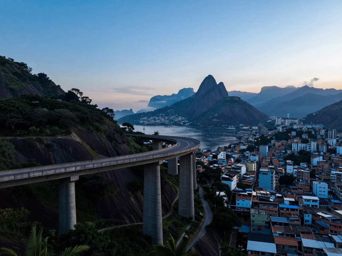 Rio de Janeiro Favela Concrete Viaduct and Curved Overpass Before Sunrise in in Rio de Janeiro, Brazil