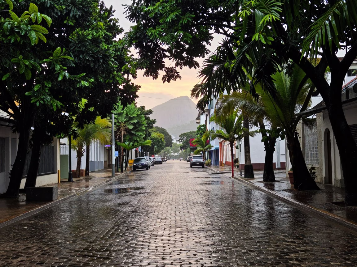 Rio de Janeiro first light after rain street scene with wet cobblestones in in Rio de Janeiro, Brazil