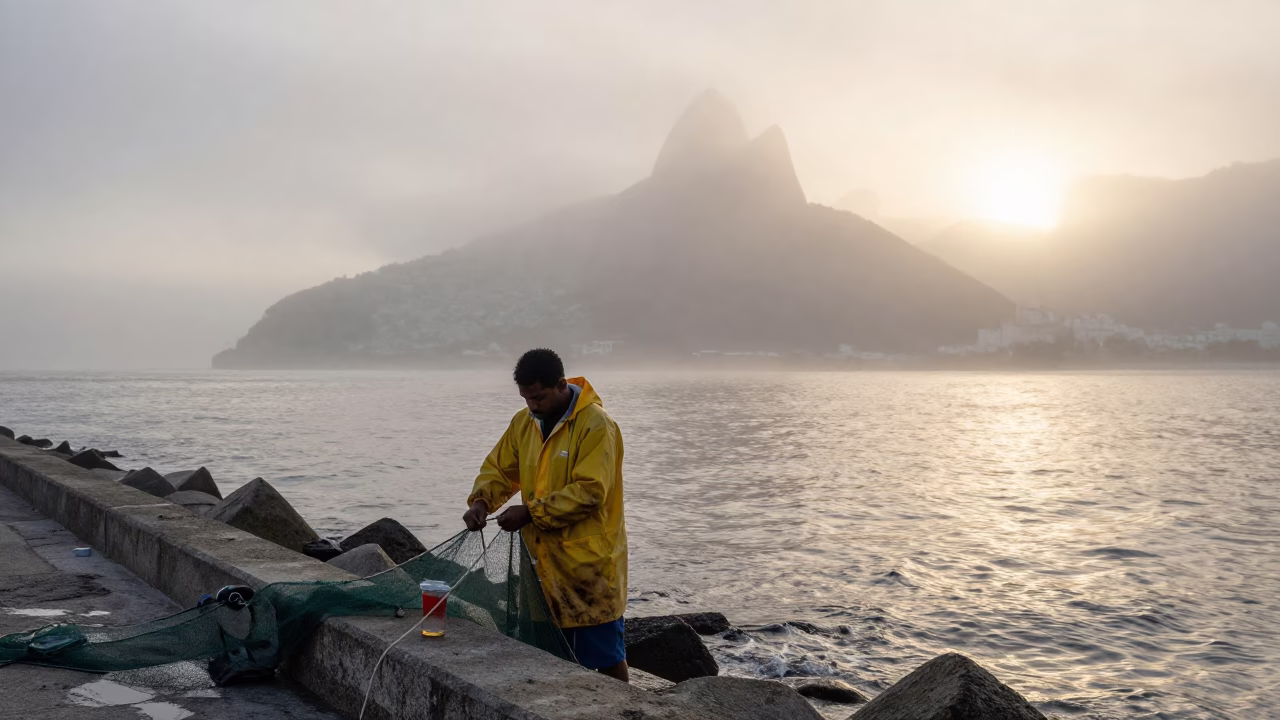 Rio De Janeiro Fog Crawling at Nautical Dawn Light in in Rio de Janeiro, Brazil