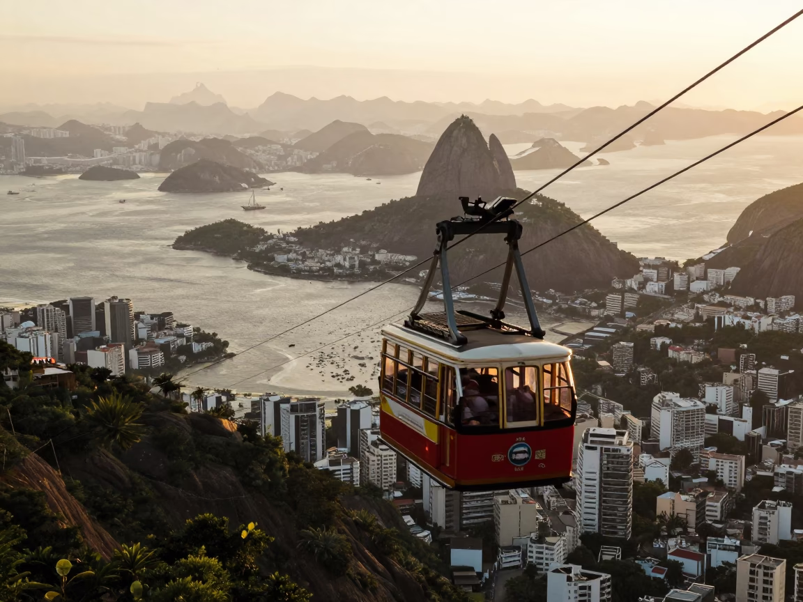 Rio de Janeiro Funicular Ascending Cliffside Restaurant in Honeyed Evening Light in in Rio de Janeiro, Brazil