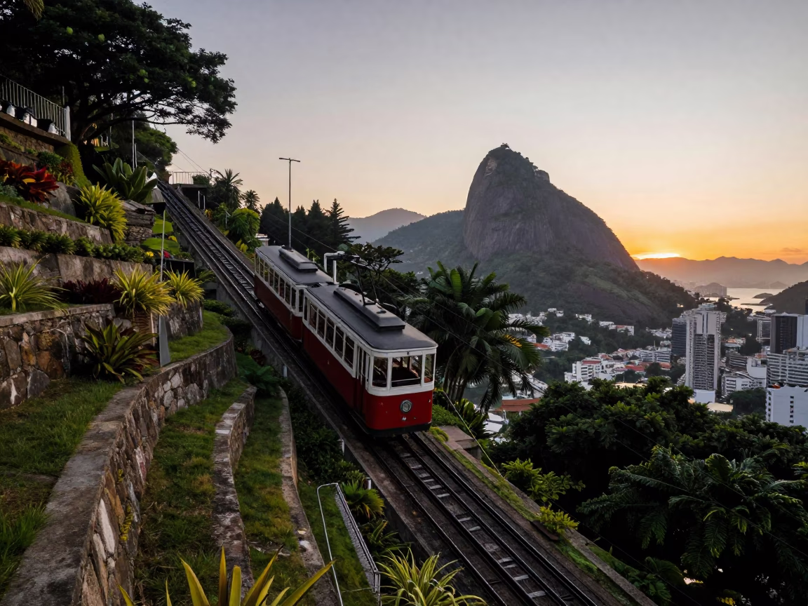 Rio de Janeiro Funicular Ascending Terraced Gardens at Nautical Dawn with Bicycle in in Rio de Janeiro, Brazil
