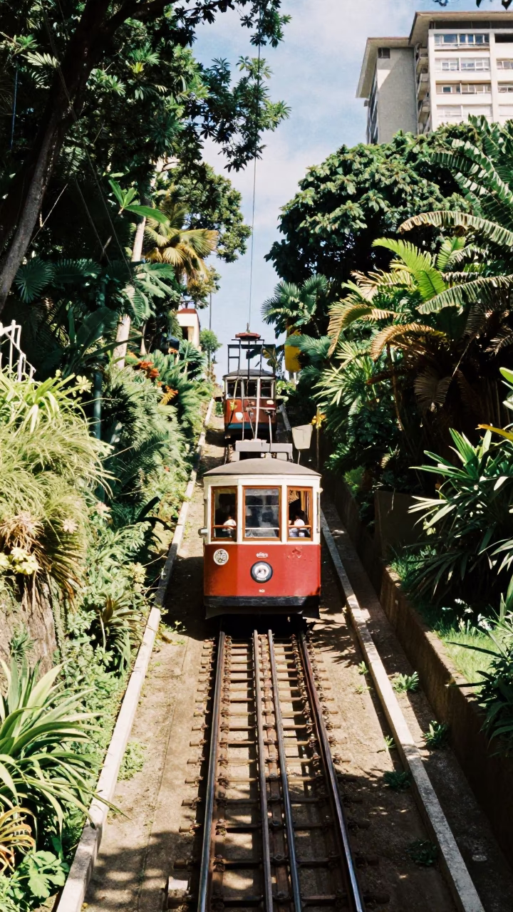 Rio de Janeiro Funicular Ascending Through Lapa Gardens in Bright Midmorning Light in in Rio de Janeiro, Brazil