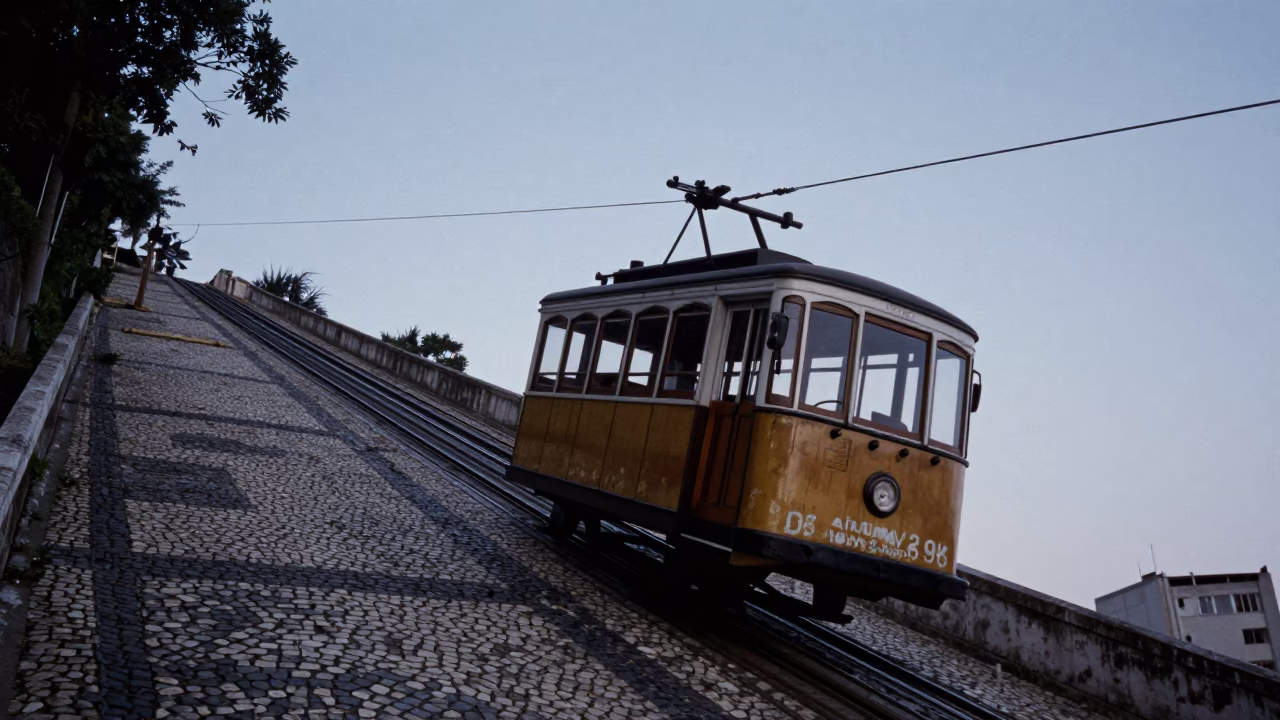 Rio de Janeiro Funicular Climbing Steep Hill Before Dawn Light in in Rio de Janeiro, Brazil