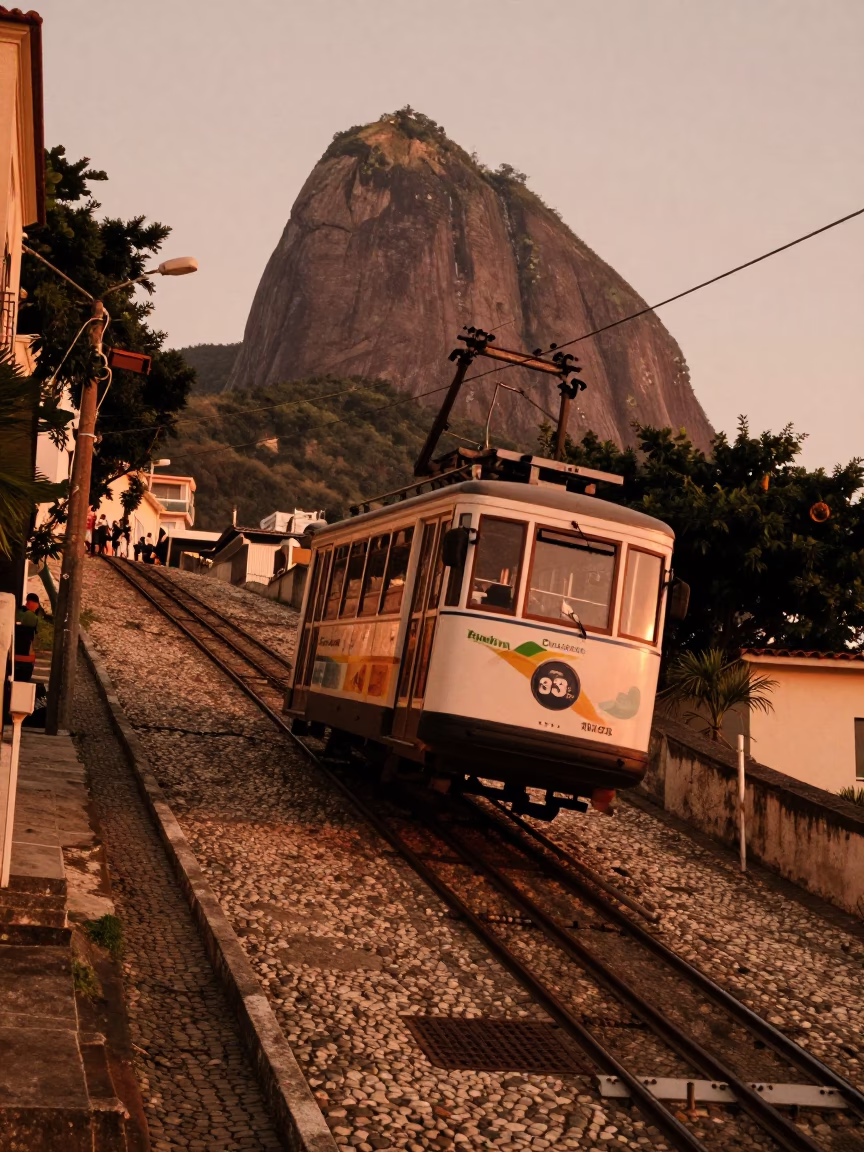Rio de Janeiro Funicular Climbing Steep Hill in Copper Dusk Light in in Rio de Janeiro, Brazil