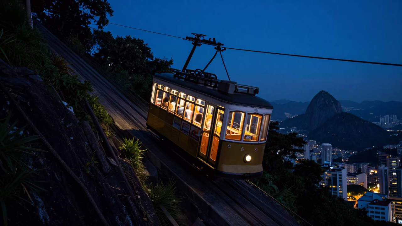 Rio de Janeiro Funicular Climbing Steep Hill in Predawn Darkness Realistic Photograph in in Rio de Janeiro, Brazil