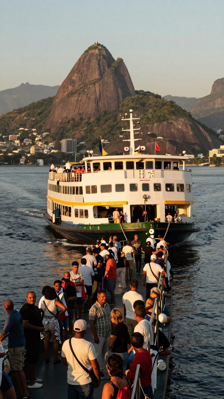 Rio de Janeiro Golden Hour Ferry Crossing with Sunlight and Dominoes in in Rio de Janeiro, Brazil