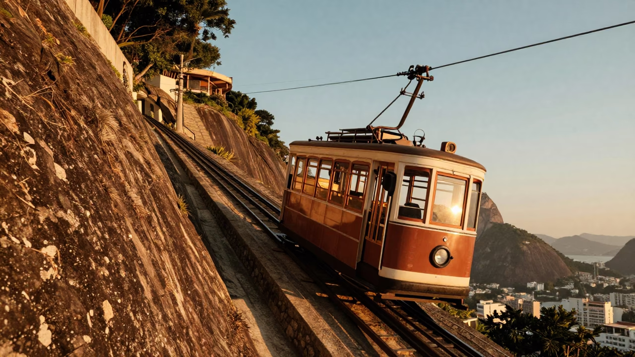 Rio de Janeiro Golden Hour Funicular Cliffside Restaurant View in in Rio de Janeiro, Brazil
