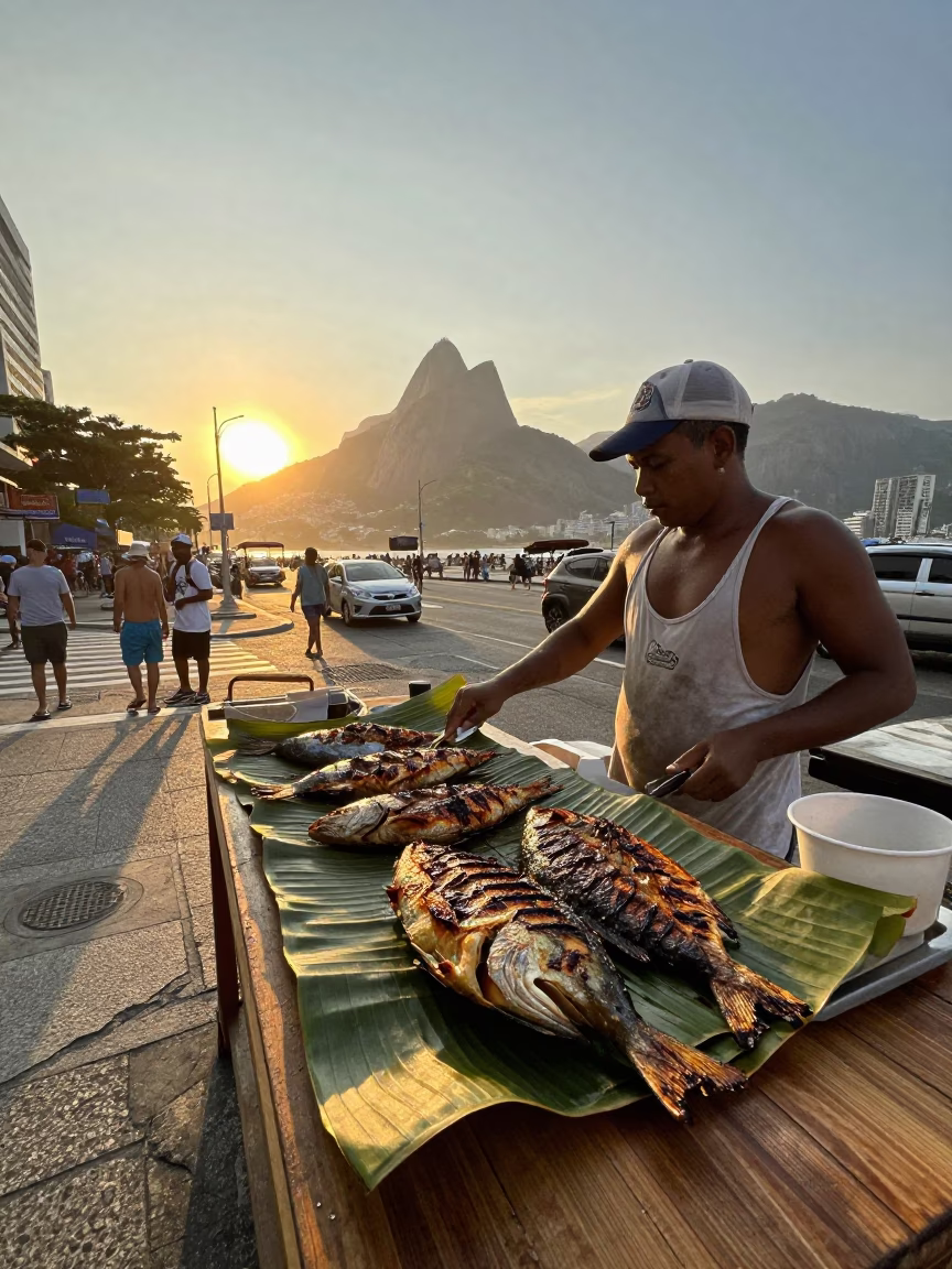 Rio de Janeiro Golden Hour Street Scene with Grilled Fish on Banana Leaf in in Rio de Janeiro, Brazil