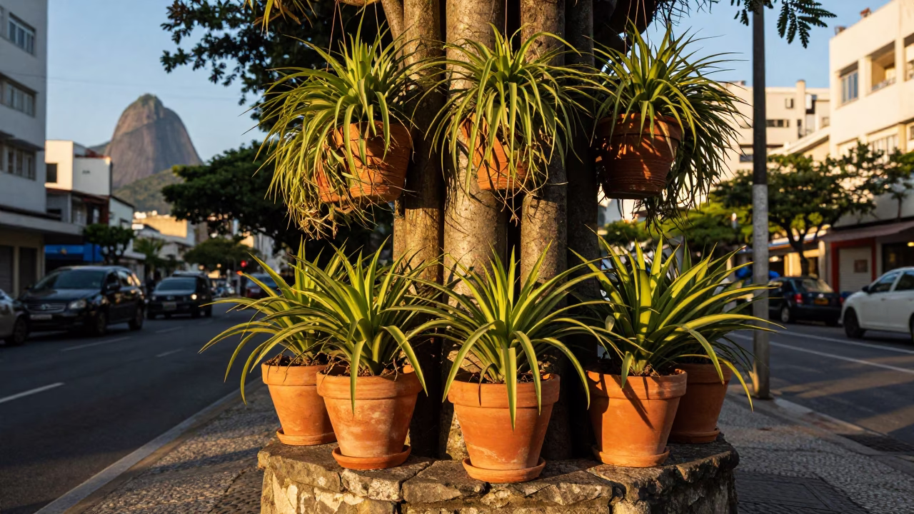 Rio de Janeiro Golden Hour Street Scene with Hanging Plants and Clay Pots in in Rio de Janeiro, Brazil