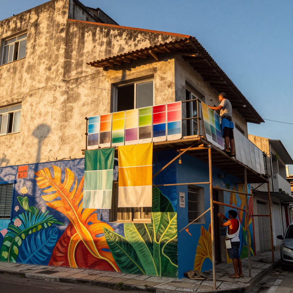 Rio de Janeiro Golden Hour Street Scene with Muralist Paint Swatches on Scaffold in in Rio de Janeiro, Brazil
