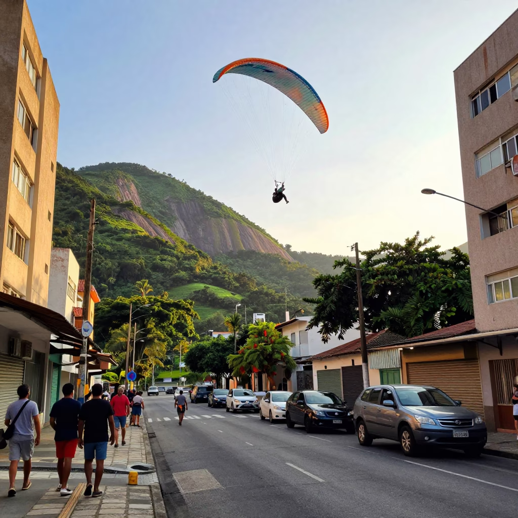 Rio de Janeiro Golden Hour Street Scene with Paraglider Above Green Valley in in Rio de Janeiro, Brazil
