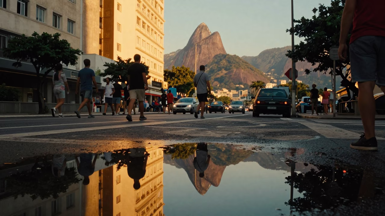 Rio de Janeiro Golden Hour Street Scene with Puddle Reflections and Urban Activity in in Rio de Janeiro, Brazil