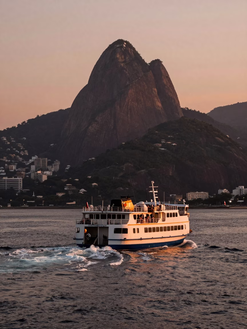 Rio de Janeiro Harbor Ferry Departure with Sugarloaf Mountain in Copper Dusk Light in in Rio de Janeiro, Brazil