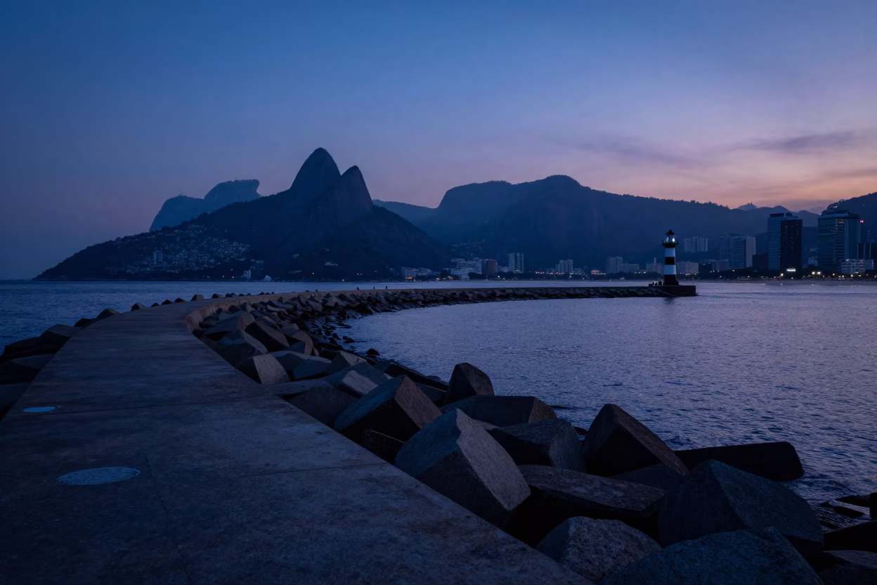Rio de Janeiro Indigo Twilight Breakwater Curve and Lonely Harbor Beacon in in Rio de Janeiro, Brazil