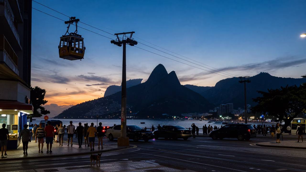 Rio de Janeiro Indigo Twilight Street Scene with Dog and Pedestrians in in Rio de Janeiro, Brazil