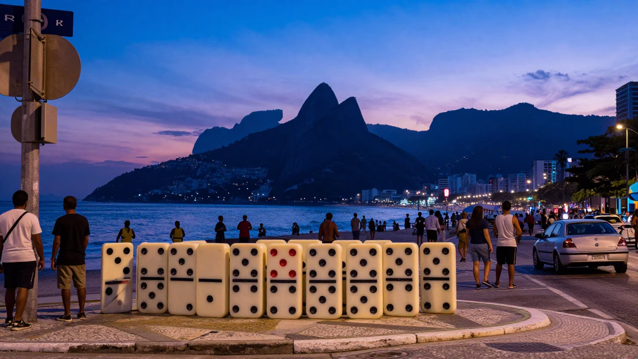 Rio de Janeiro indigo twilight street scene with dominoes and local interaction in in Rio de Janeiro, Brazil