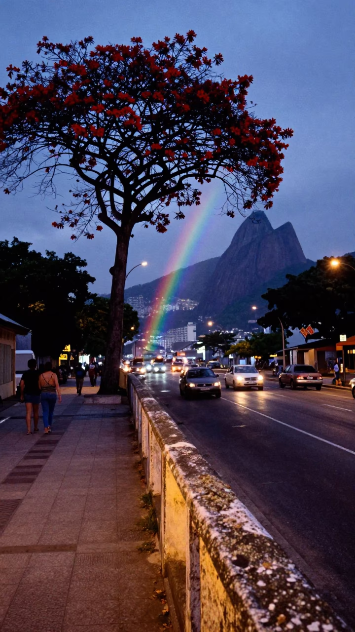 Rio de Janeiro Indigo Twilight Street Scene with Rainbow Eucalyptus and Aqueduct Parapets in in Rio de Janeiro, Brazil