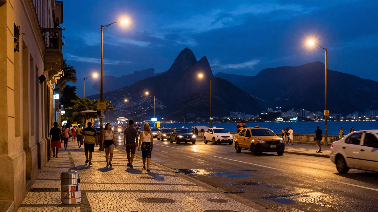 Rio de Janeiro indigo twilight street scene with tea tin and brushed steel details in in Rio de Janeiro, Brazil