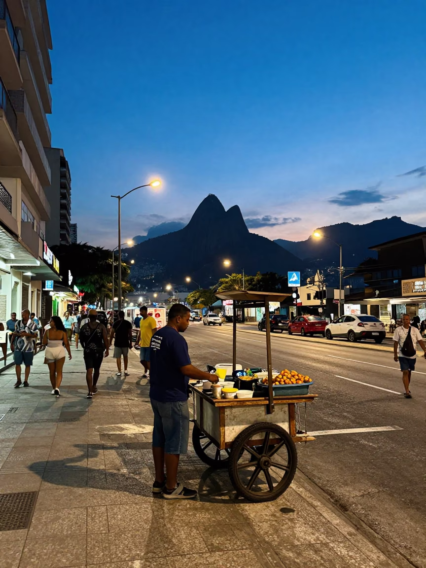 Rio de Janeiro indigo twilight street scene with vendors and urban details in in Rio de Janeiro, Brazil