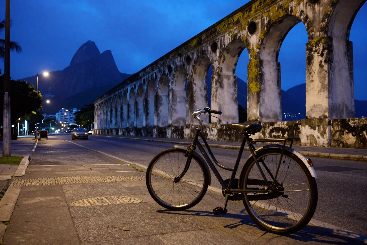 Rio de Janeiro indigo twilight street scene with vintage bicycle and urban details in in Rio de Janeiro, Brazil