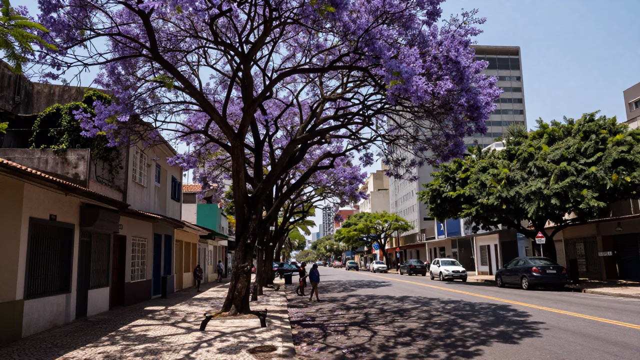Rio de Janeiro Jacaranda Tree Purple Bloom Late Afternoon Street Scene in in Rio de Janeiro, Brazil