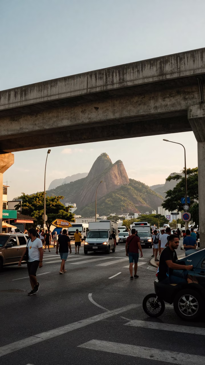 Rio de Janeiro Late Afternoon Street Scene with Concrete Overpass and Lively Urban Activity in in Rio de Janeiro, Brazil