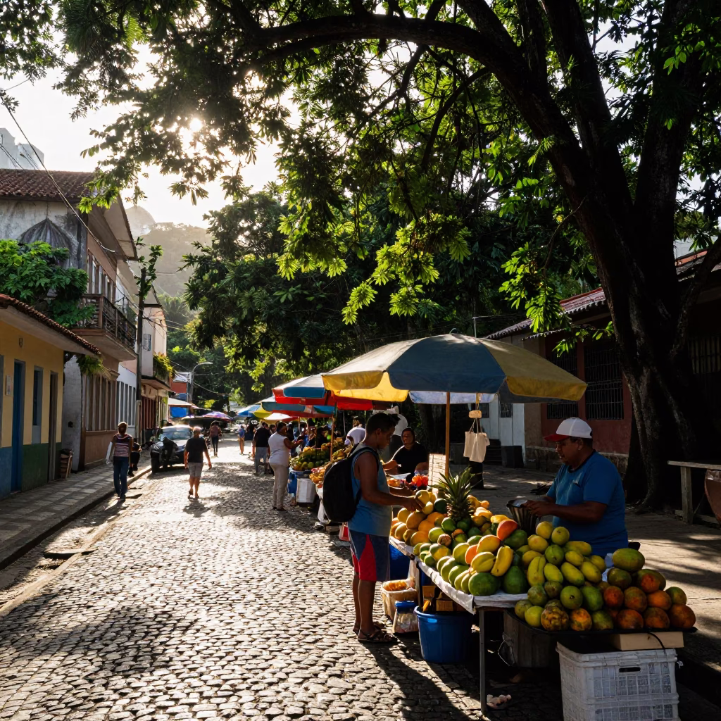 Rio de Janeiro Late Afternoon Street Scene with Local Market Activity in in Rio de Janeiro, Brazil