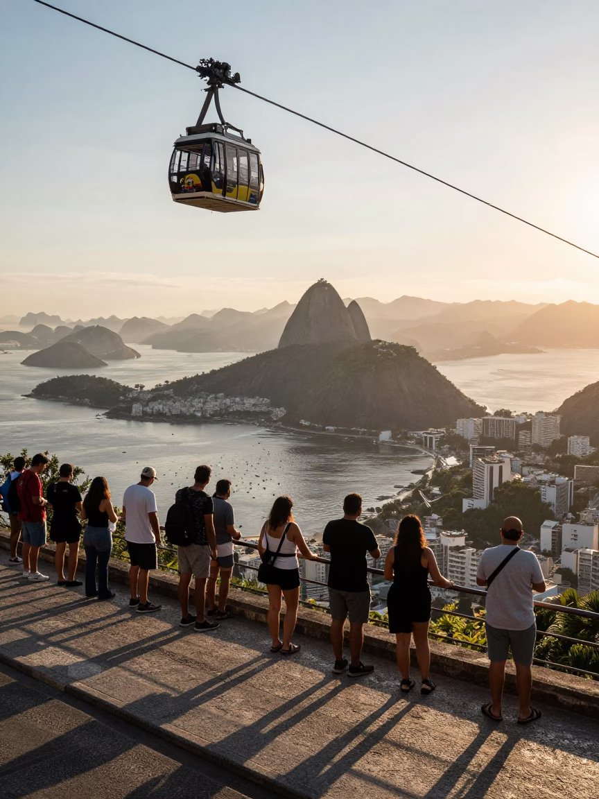Rio de Janeiro Late Afternoon Street Scene with Tourists and Aerial Tramway View in in Rio de Janeiro, Brazil