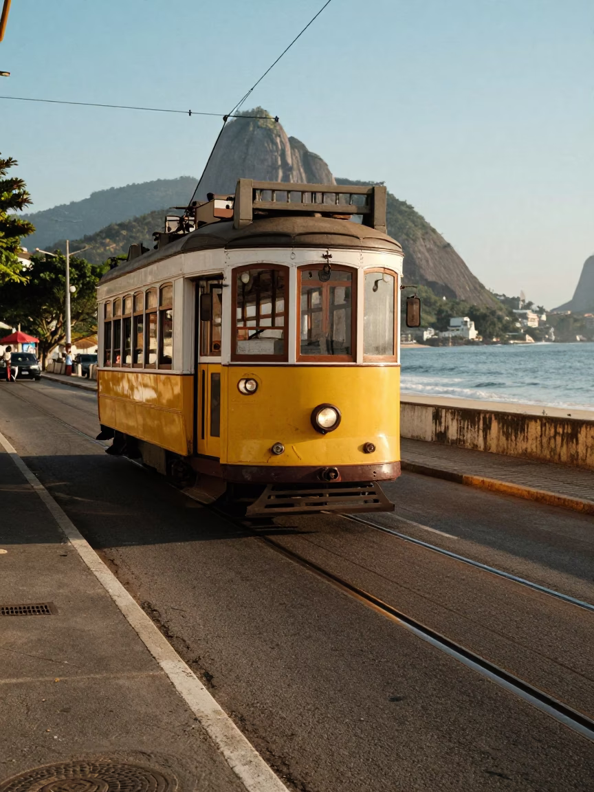 Rio de Janeiro Late Afternoon Street Scene with Vintage Tram and Coastal Architecture in in Rio de Janeiro, Brazil