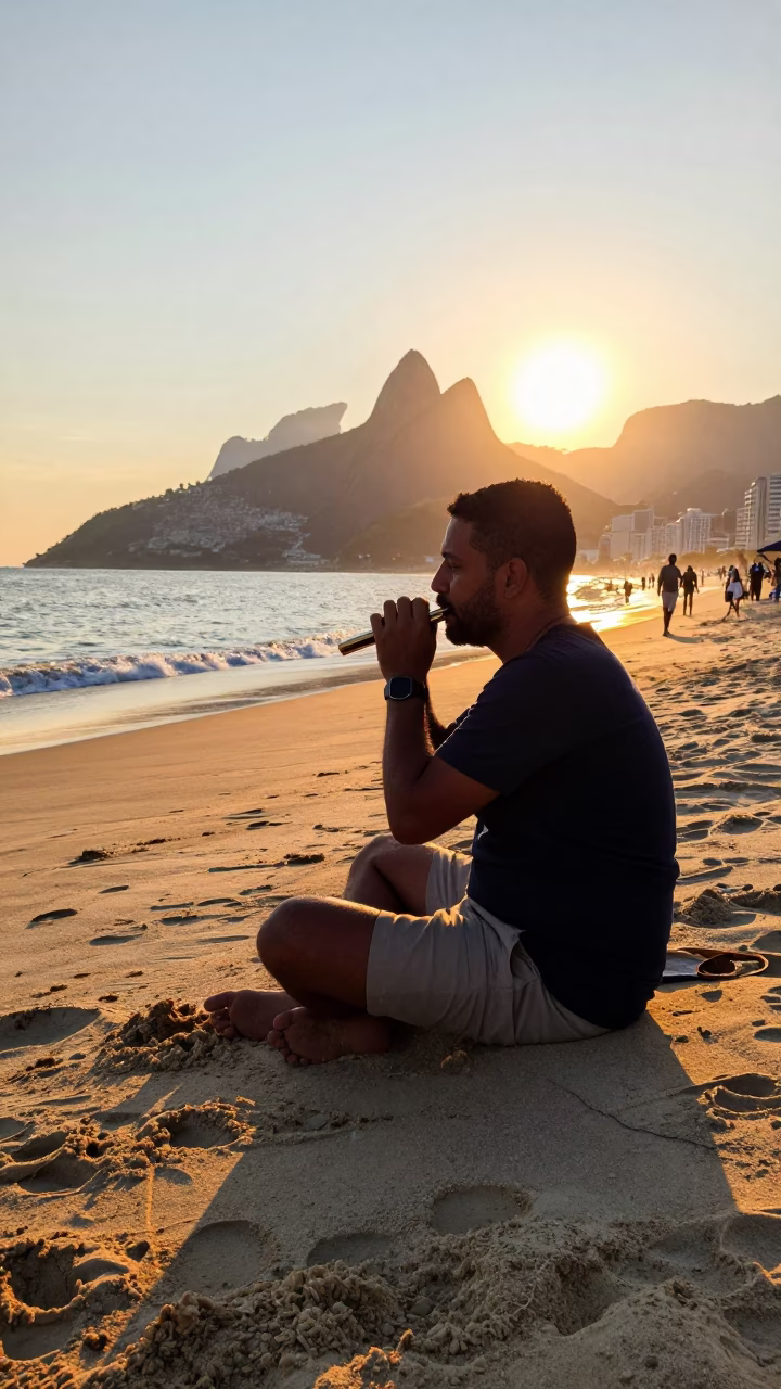 Rio De Janeiro Man Playing Harmonica at Sunset Light in in Rio de Janeiro, Brazil