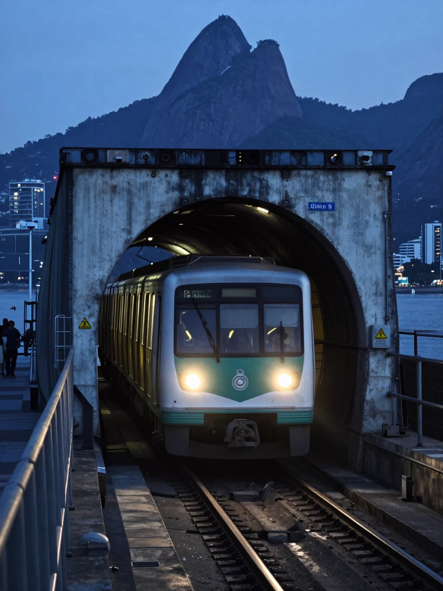 Rio de Janeiro Metro Train Emerging from Tunnel at Nautical Dawn in in Rio de Janeiro, Brazil