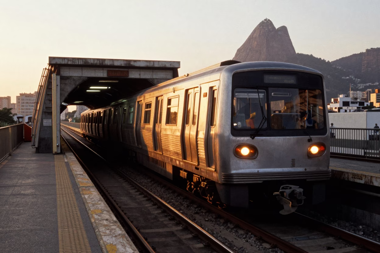 Rio de Janeiro Metro Train Emerging from Tunnel into Honeyed Evening Light in in Rio de Janeiro, Brazil