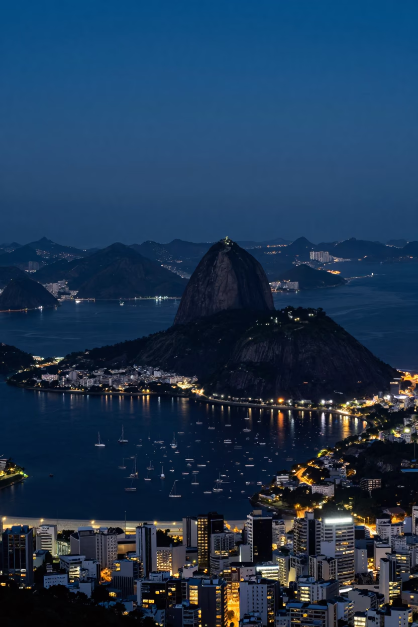 Rio de Janeiro Midnight Horizon View of Sugarloaf Mountain and Urban Lights from Copacabana in in Rio de Janeiro, Brazil
