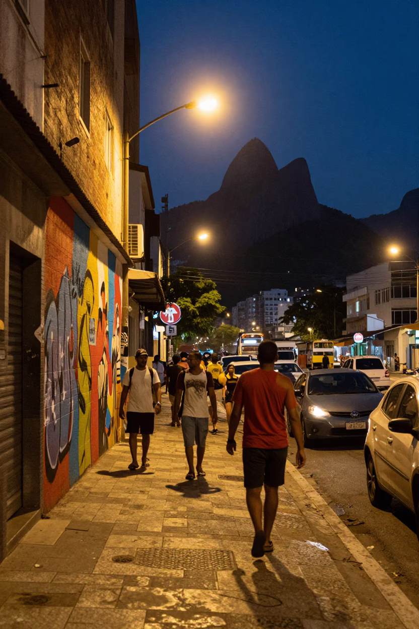 Rio de Janeiro Midnight Street Scene with Colorful Graffiti and Urban Life in in Rio de Janeiro, Brazil
