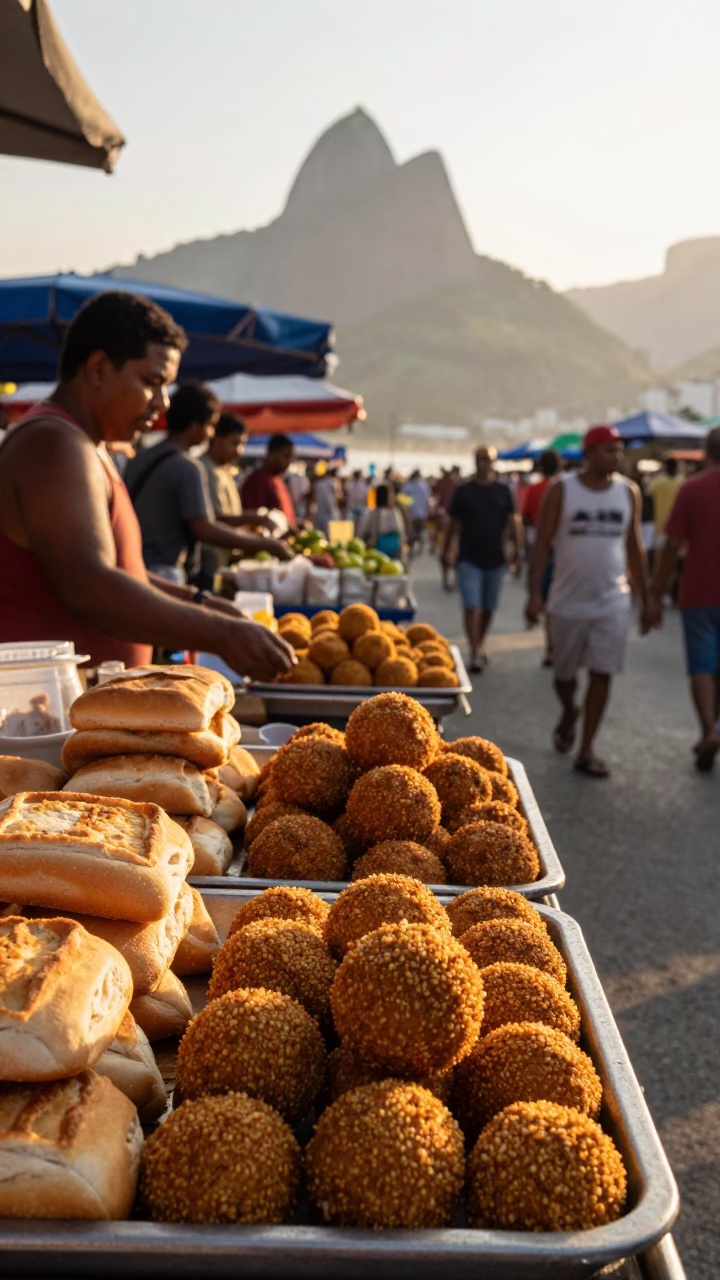 Rio de Janeiro Morning Market Scene with Falafel and Local Culture in in Rio de Janeiro, Brazil