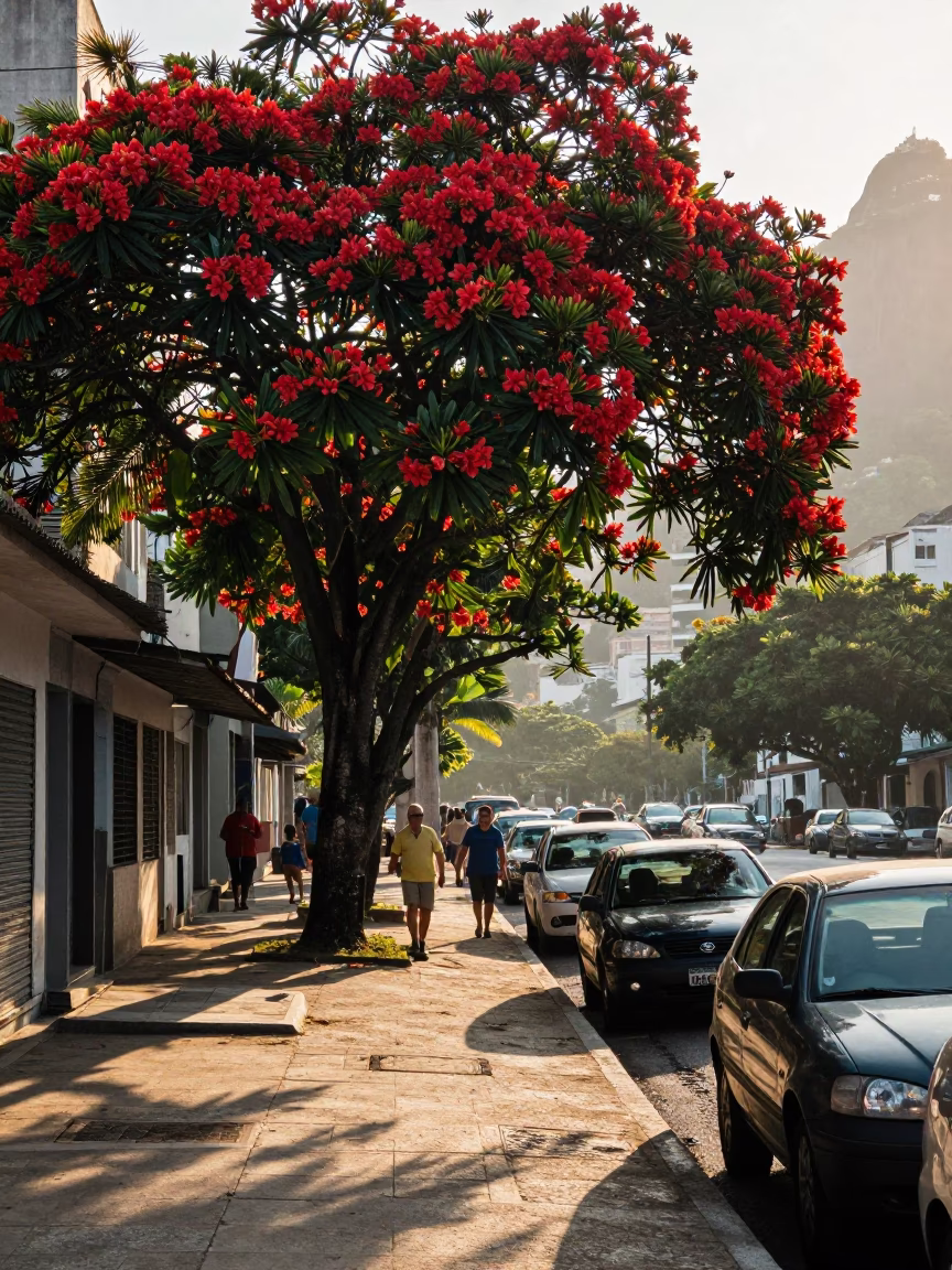 Rio de Janeiro Morning Street Scene with Frangipani Tree and Local Pedestrians in in Rio de Janeiro, Brazil