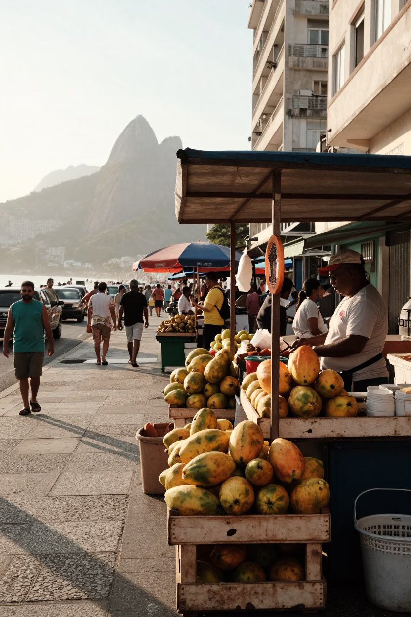 Rio de Janeiro Morning Street Scene with Papayas and Local Commerce in in Rio de Janeiro, Brazil