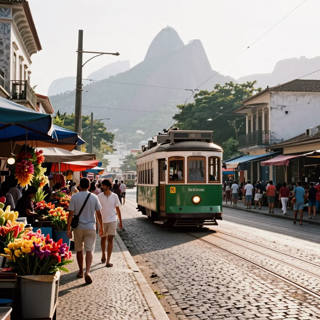 Rio de Janeiro Morning Street Scene with Tram and Local Market Activity in in Rio de Janeiro, Brazil
