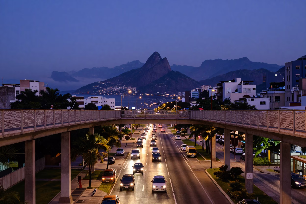 Rio de Janeiro Nautical Dawn Busy Street Scene with Pedestrian Overpass and Glass Tumbler in in Rio de Janeiro, Brazil