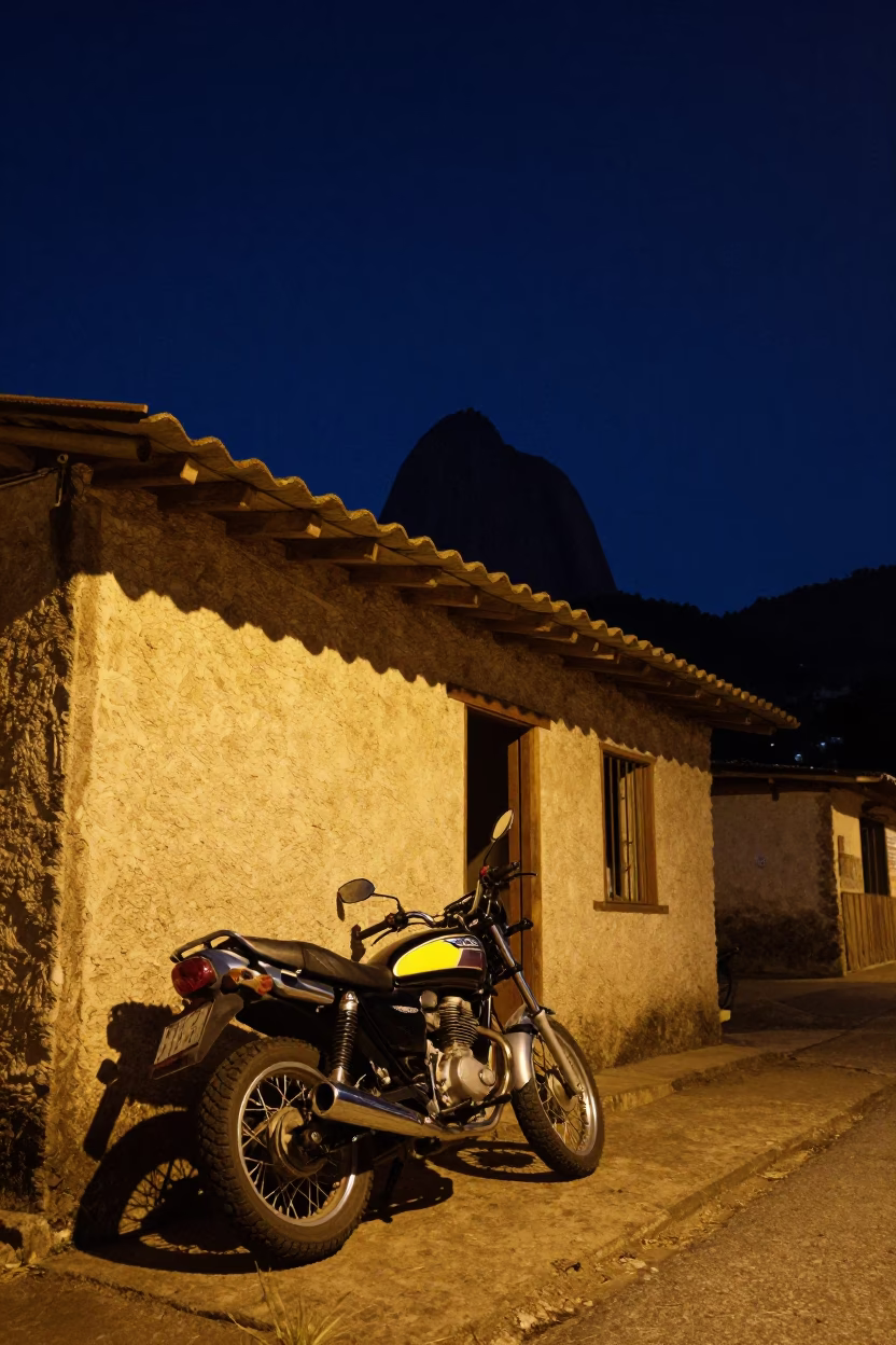 Rio de Janeiro Night Scene with Motorcycle Outside Mountain Teahouse Under Deep Sky in in Rio de Janeiro, Brazil