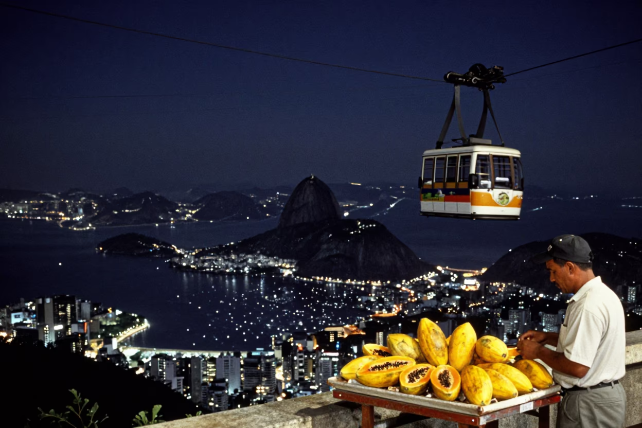 Rio de Janeiro Night Sky with Cable Car Over City and Papayas in in Rio de Janeiro, Brazil