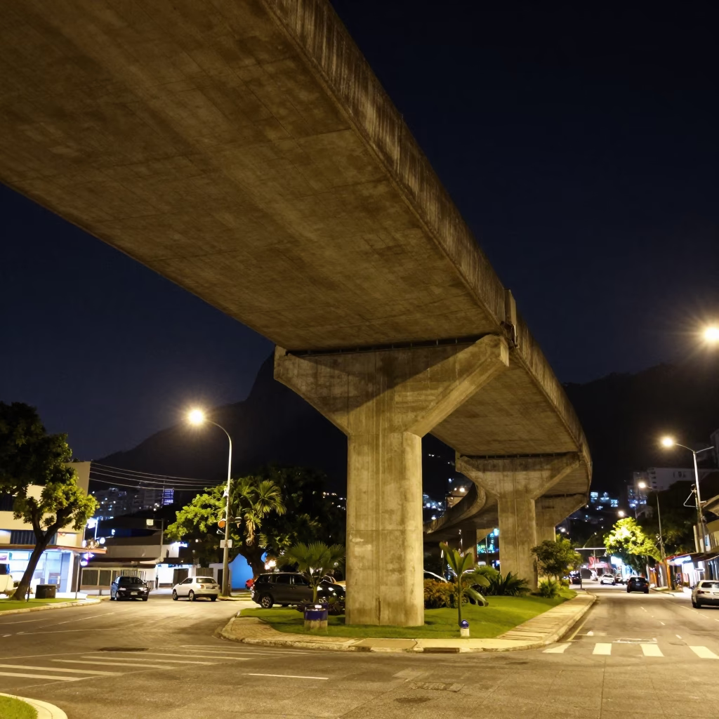 Rio de Janeiro Night Street Scene Under Concrete Viaduct with Folded Tables in in Rio de Janeiro, Brazil