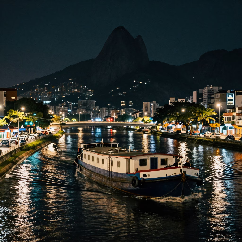 Rio de Janeiro Night Street Scene with Barge on Canal and Urban Light Reflections in in Rio de Janeiro, Brazil