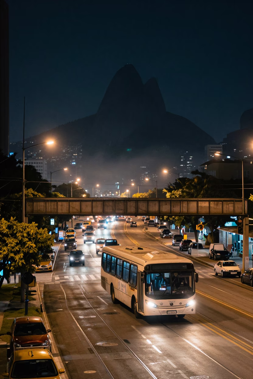 Rio de Janeiro Night Street Scene with Bus and Urban Infrastructure in in Rio de Janeiro, Brazil
